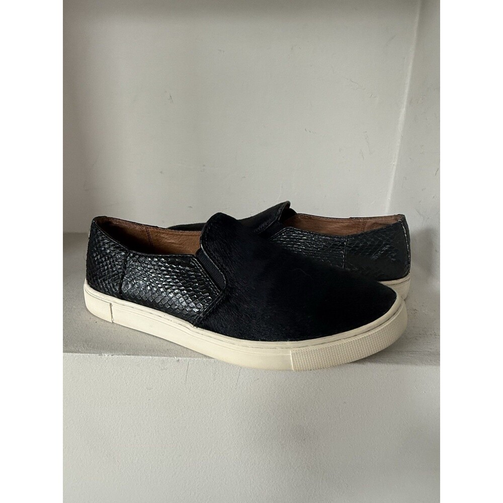 Frye Gemma block slip on black hair reptile embossed leather sneakers 8.5